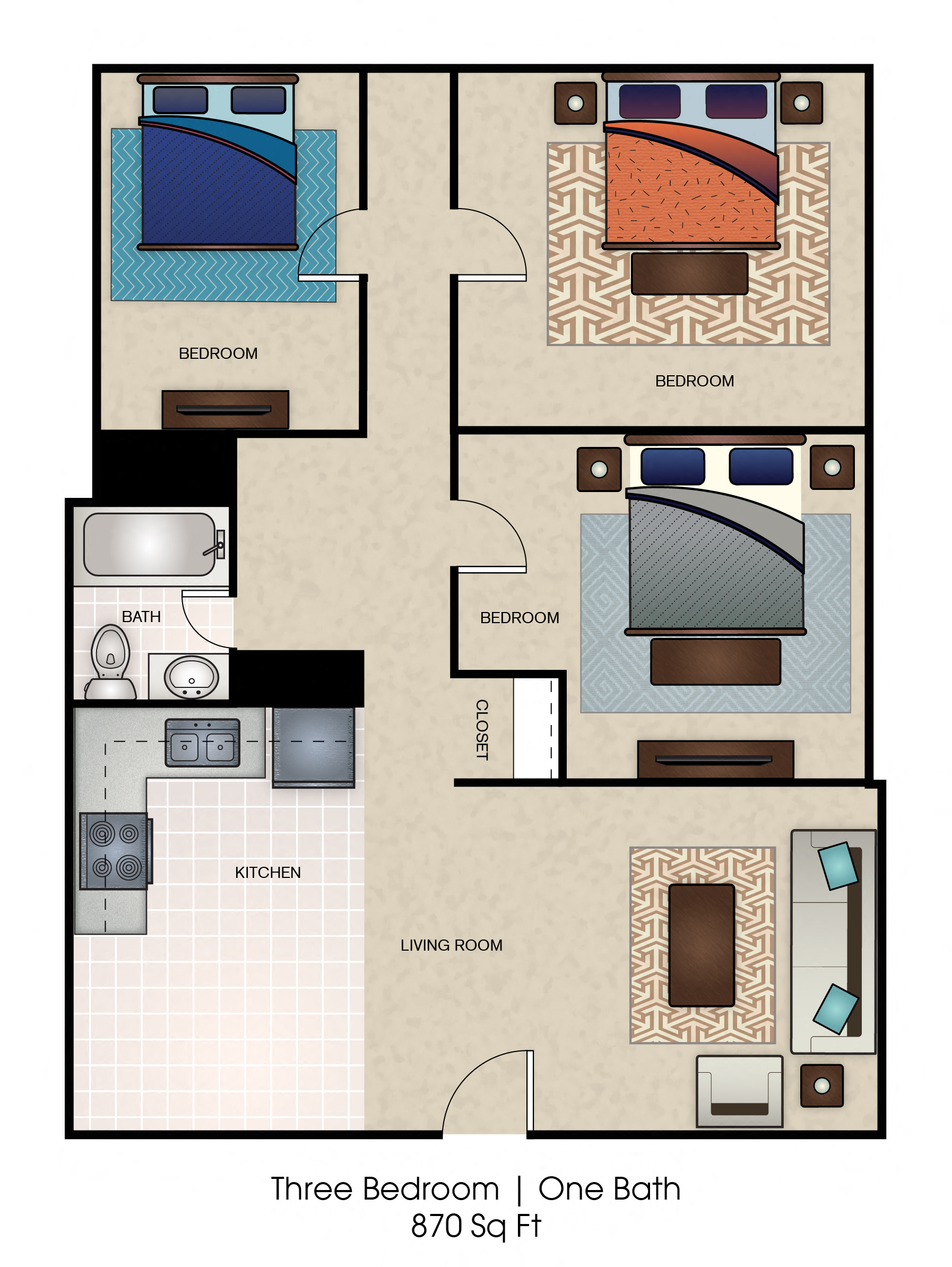 3 Bedroom/1 Bathroom Floor Plan